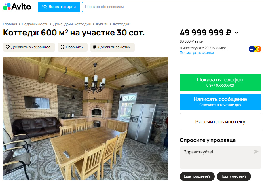 Под Омском продают коттедж с собственным выходом к Иртышу и фонтаном