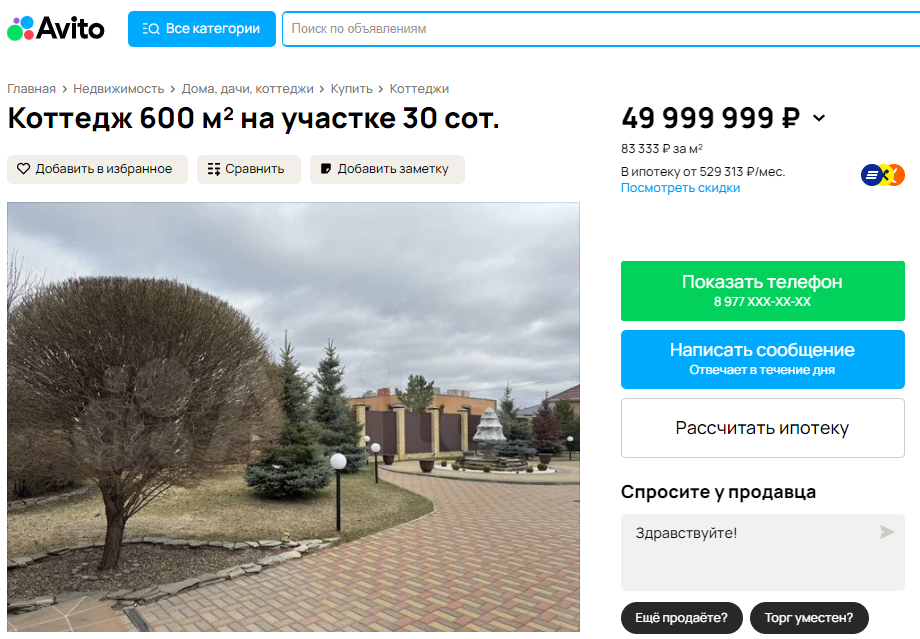 Под Омском продают коттедж с собственным выходом к Иртышу и фонтаном