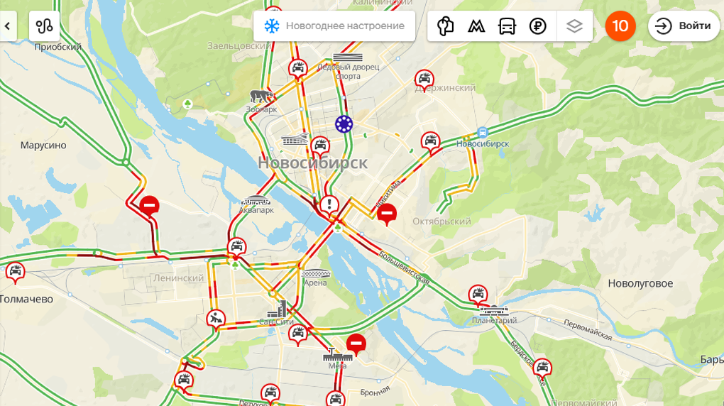 Пробки в 10 баллов сковали Новосибирск вечером 26 декабря