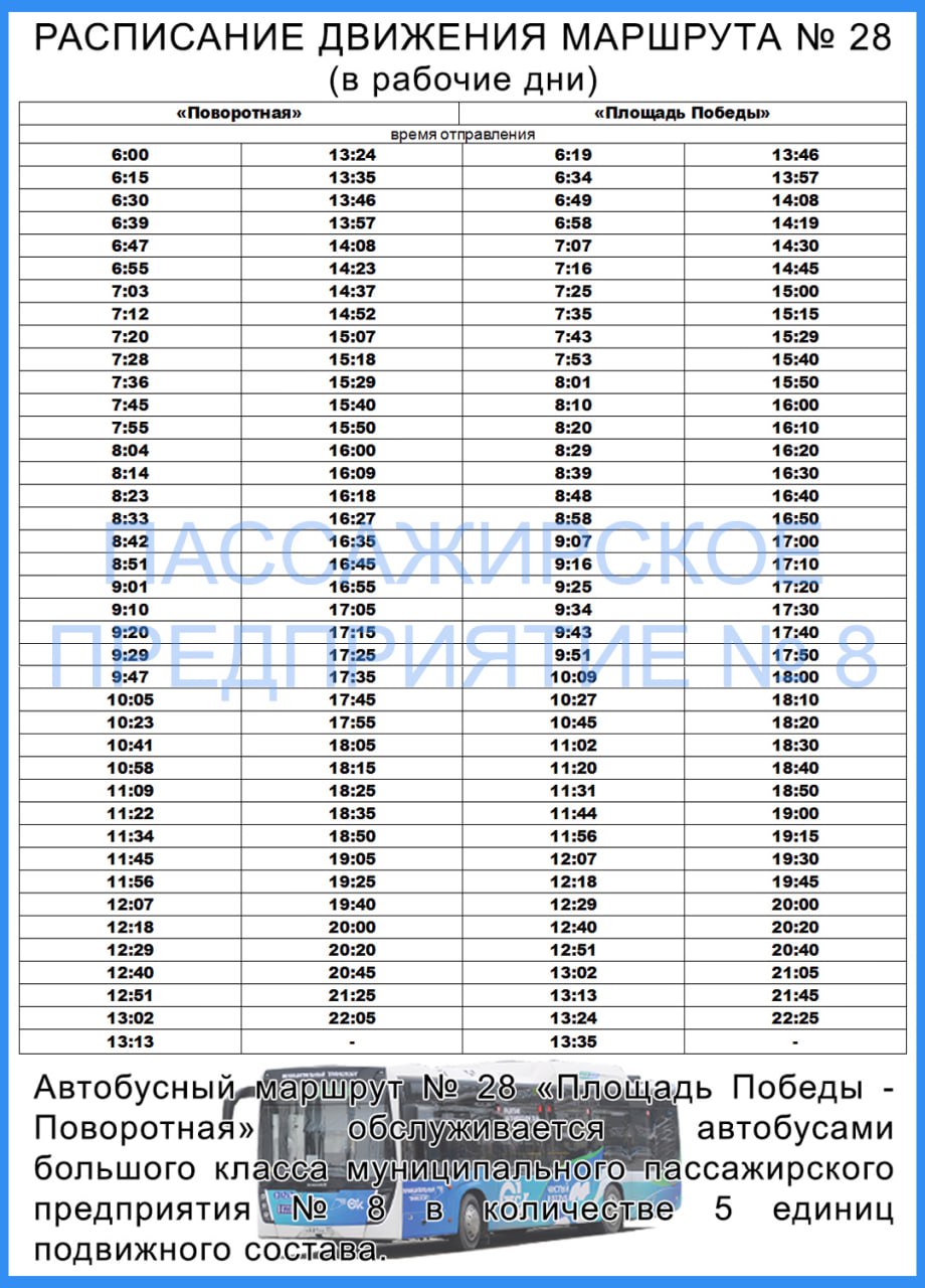 В дептрансе опубликовали график работы автобуса №28 «Поворотная – Площадь Победы»